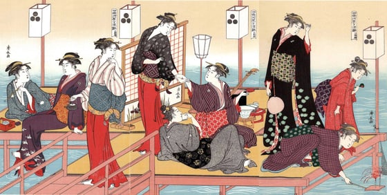 Torii Kiyonaga: Summer Evening Cooling Triptych Woodblock NR