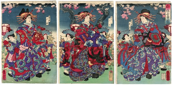 Utagawa Toyokuni -- Sakura Full Bloom Oiran Contest Triptych NR