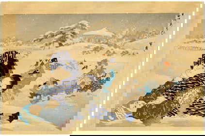 Yamamoto Shoun: Boy's Play - Snowball Fight 1906 Woodblock NR