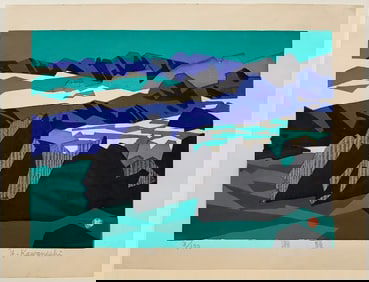 Yusaburo Kawanishi -- Beach Landscape c1970s Woodblock NR