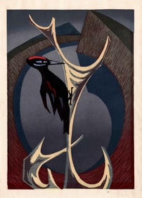 Abe Sadao: Woodbecker, 1958, 1st Ed Woodblock NR