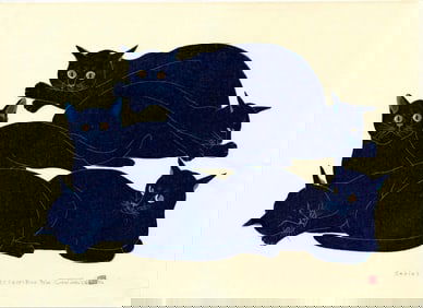 Nishida Tadashige: Five Cats Blue 1st Ed 2022 Woodblock NR