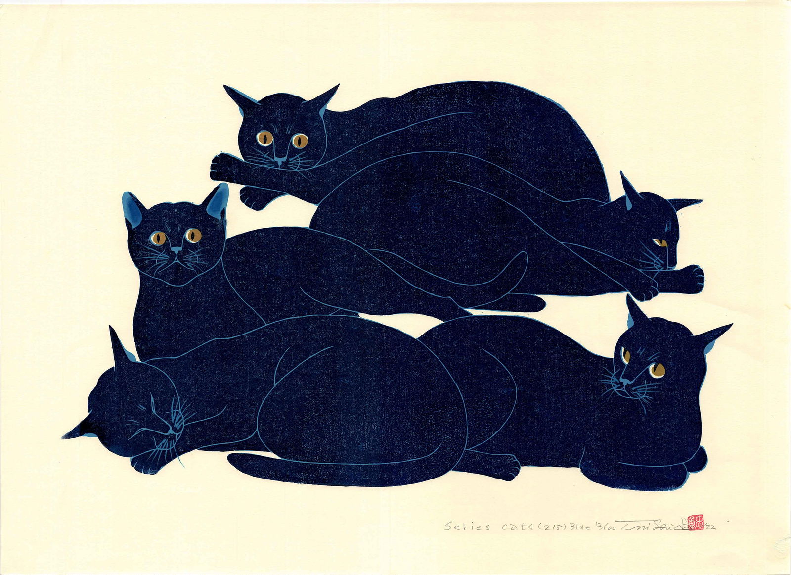 Nishida Tadashige: Five Cats Blue 1st Ed 2022 Woodblock NR (1 of 2)