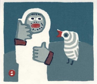 Azechi Umetaro: Mountain Man & Bird Woodblock