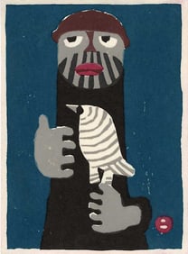 Azechi Umetaro: Mountain Man Holding a Bird Woodblock