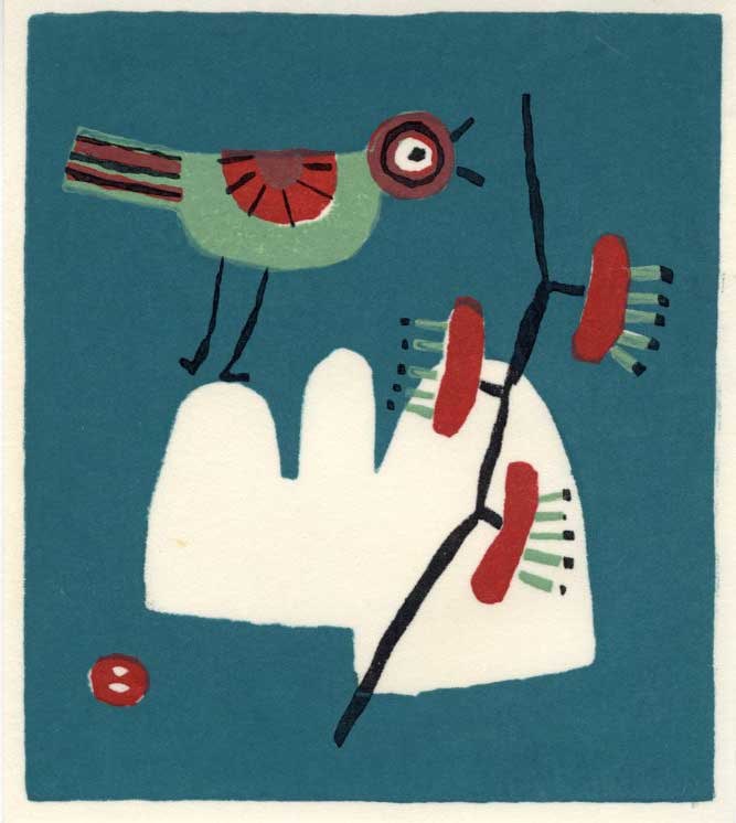 Azechi Umetaro: Singing Bird Woodblock: Japanese Woodblock Print, 1960s self published by Azechi SIZE IN INCHES: 4.5 x 5 inches AZECHI UMETARO (1902-1999) was born to an impoverished farming family in Ehime prefecture on remote Shikoku Isla