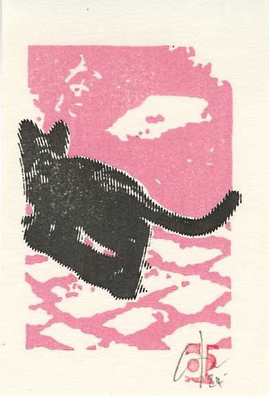 Dominique R.: Exit Woodblock: Woodblock print, self-published SIZE IN INCHES: 2.5 x 4 inches COMMENTS: Playful contemporary print.