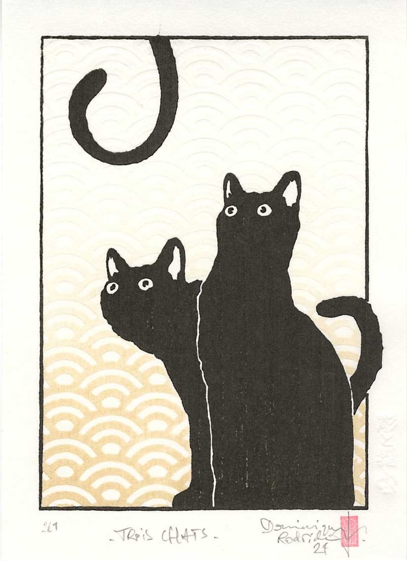Dominique R.: Three Cats Woodblock (1 of 2)