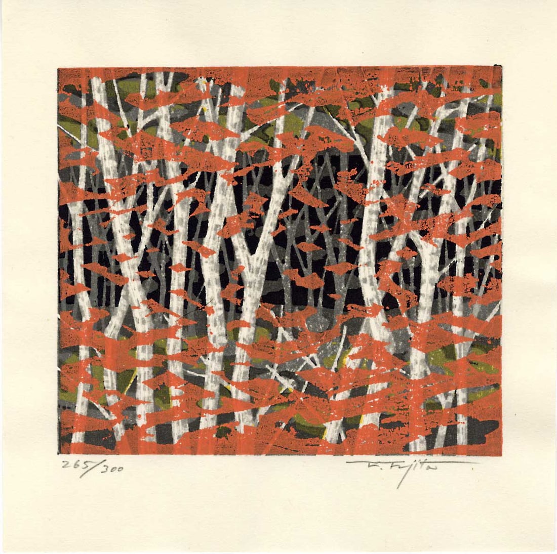 Fujita Fumio: Autumn 1990 1st Ed Woodblock: Japanese Woodblock Print, 1990, 1st edition, pencil signed and numbered 265/300 by Fujita SIZE IN INCHES: 8 x 8 inches COMMENTS: Perhaps Fujita Fumio's most coveted design FUJITA FUMIO (b. 1933) was b