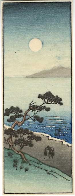 Hiroshige Ando: Salt Gatherers at Suma Beach Woodblock: Japanese Woodblock Print, Showa Era SIZE IN INCHES: 1.75 x 4.5 inches COMMENTS: Lovely image of Suma Beach at night, with a full moon glowing beyond the branches of a tall pine tree. Laborers can be s