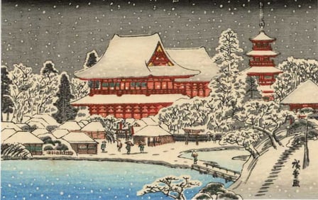 Hiroshige Ando: Temple Complex in Snow Woodblock