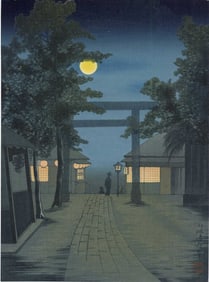 Kiyochika Kobayashi: Shrine Visit at Night 1930s Woodblock