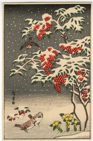 Koson Ohara: Sparrows and Nandine Woodblock NR