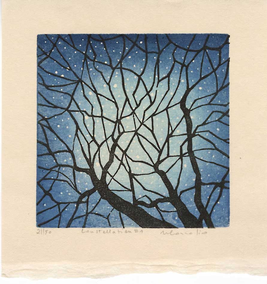 Mara Cozzolino: Constellation 1st Ed NR: Japanese Style Reduction Woodblock Print, 2018, 1st edition, self published by Mara Cozzolino, signed, titled and numbered 21/50 SIZE IN INCHES: 6 x 6 inches WHAT IS A REDUCTION WOODBLOCK PRINT? Reduc