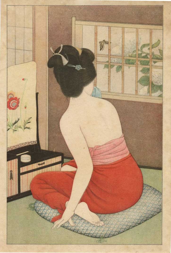 Shinsui Ito: Woman at a Dressing Table Shunga NR: Japanese Lithograph, Taisho/early-Showa era 1920-30s, Publisher unknown. SIZE IN INCHES: koban, 5 x 7.25 inches COMMENTS: Taisho era Ito Shinsui lithograph from a set titled "Fragrant Beauties" ITO SH