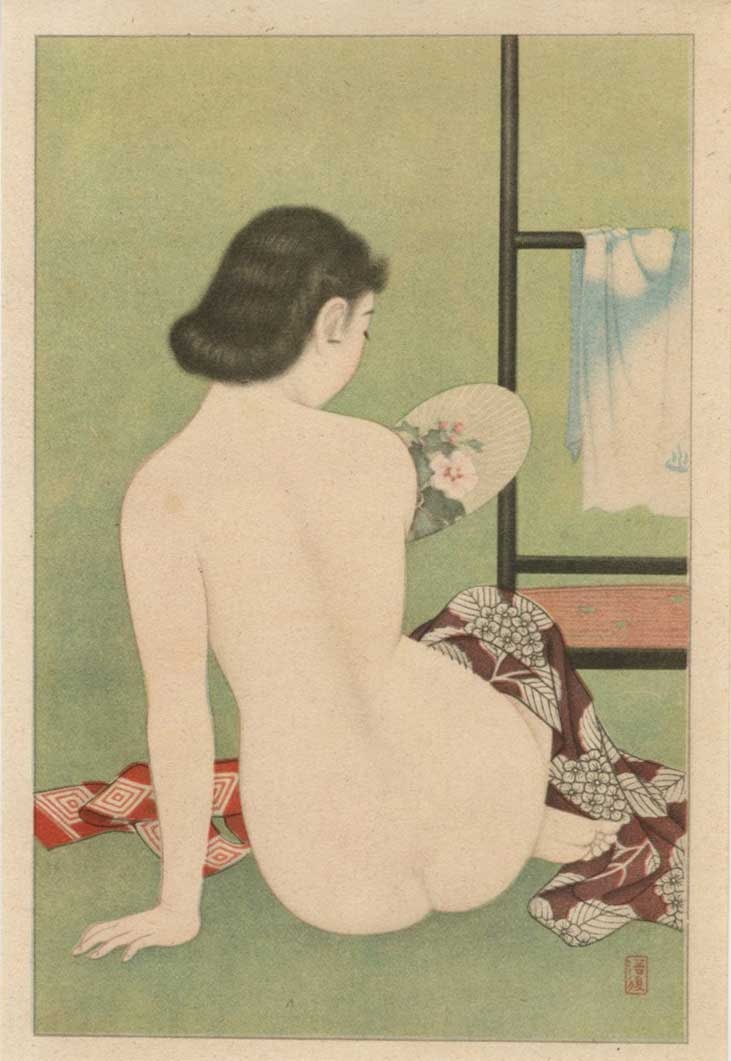 Shinsui Ito: Woman Fanning Herself NR: Japanese Lithograph, Taisho/early-Showa era 1920-30s, Publisher unknown. SIZE IN INCHES: koban, 5 x 7.25 inches COMMENTS: Taisho era Ito Shinsui lithograph from a set titled "Fragrant Beauties" ITO SH