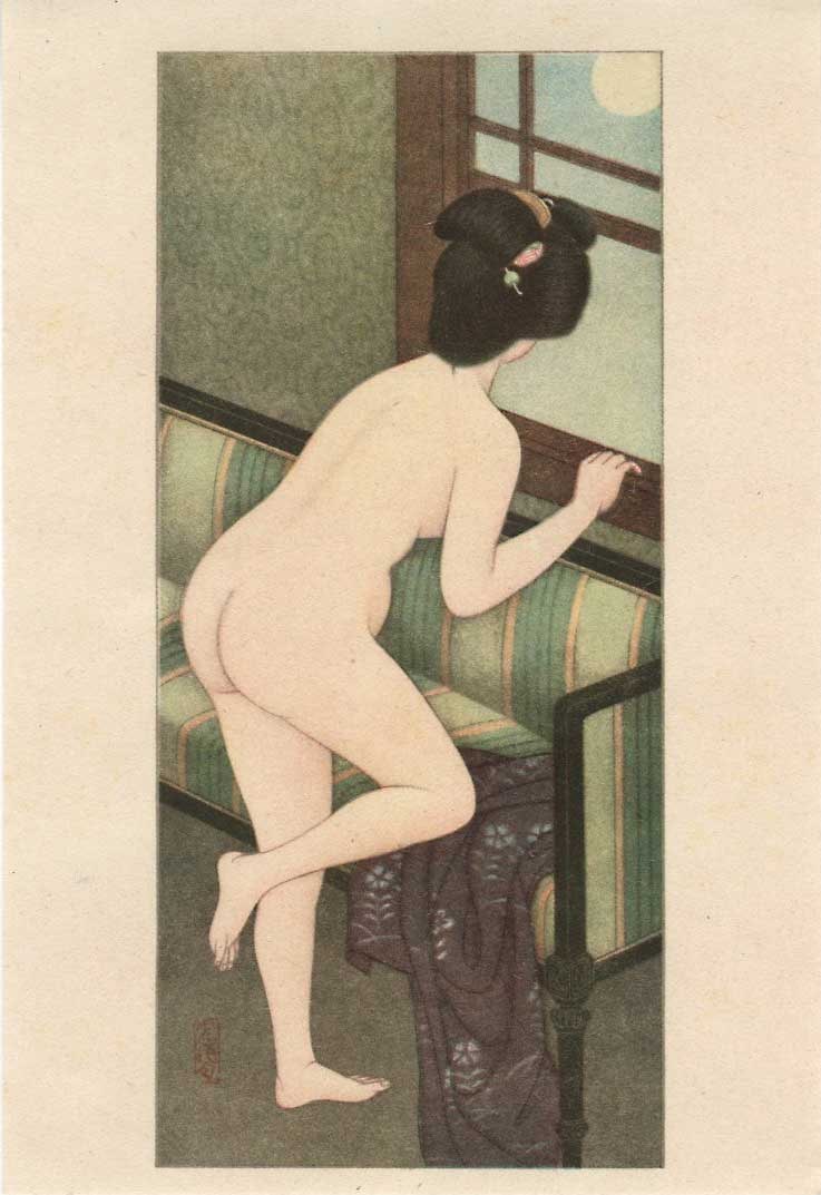 Shinsui Ito: Woman Looking at the Full Moon Shunga NR: Japanese Lithograph, Taisho/early-Showa era 1920-30s, Publisher unknown. SIZE IN INCHES: koban, 5 x 7.25 inches COMMENTS: Taisho era Ito Shinsui lithograph from a set titled "Fragrant Beauties" ITO SH