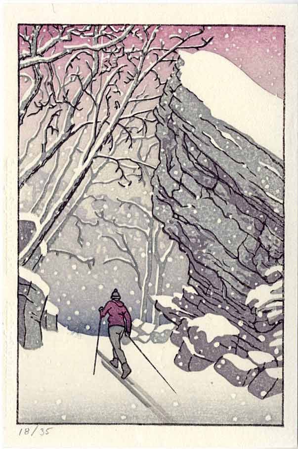 Winiecki Stephen: Snowy Traps 2023 1st Ed. Woodblock: Japanese Style Woodblock Print, 2023, 1st Edition, numbered 18/35, published by Winiecki SIZE IN INCHES: 4 x 6 inches STEPHEN WINIECKI is a New York City based artist working in several different medi