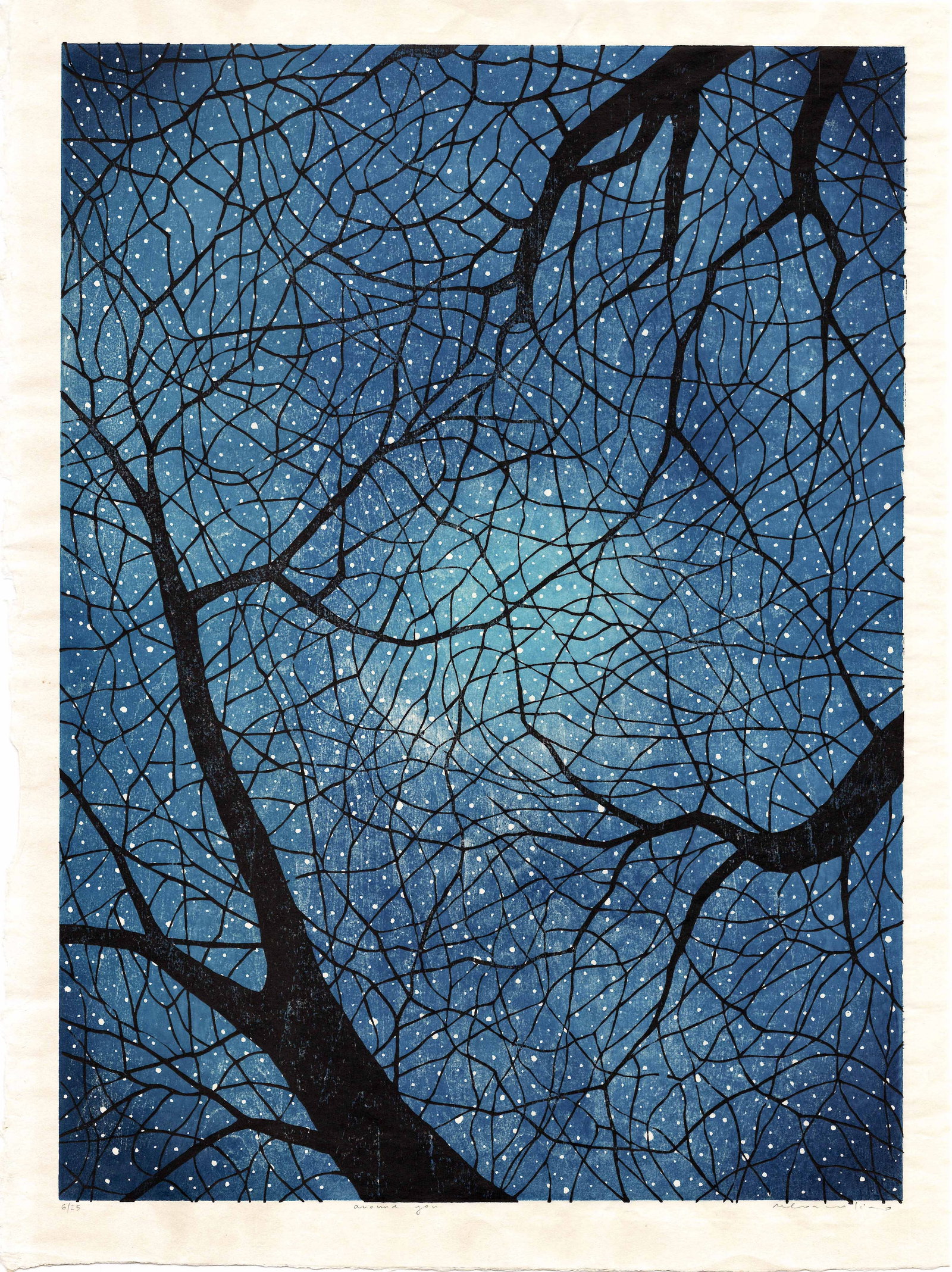 Cozzolino, Mara: Around You 2021 1st Ed Woodblock NR: Japanese-style Reduction Woodblock Print, 2021, pencil signed, titled and numbered 15/25 in the bottom margin. SIZE IN INCHES: 18.5 x 24 inches WHAT IS A REDUCTION WOODBLOCK PRINT? Reduction woodblock