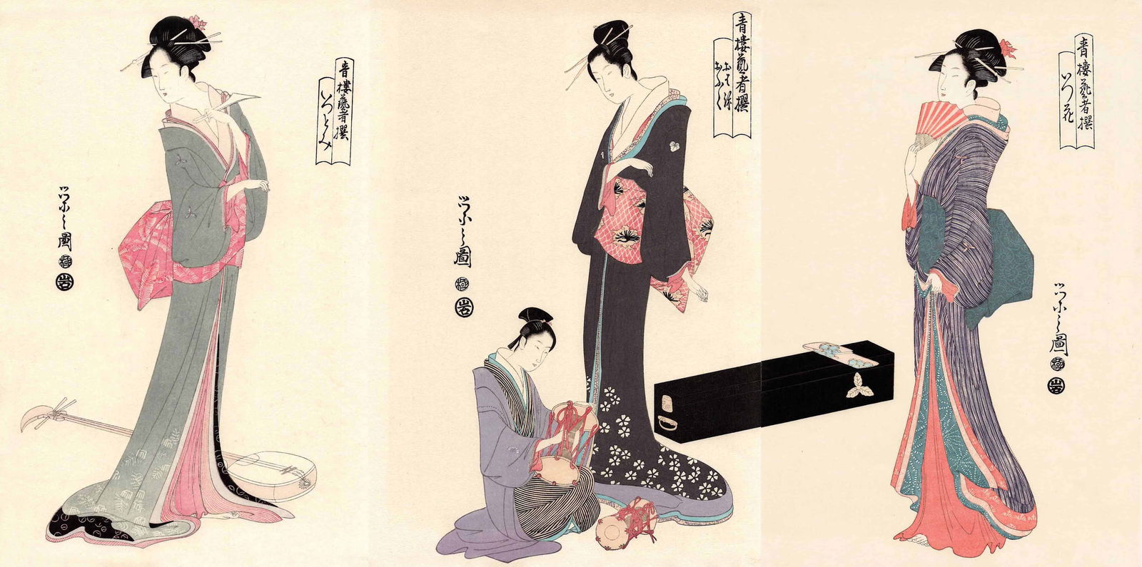 Eishi Chobunsai: The Geisha Itsutomi Triptych Woodblock NR (1 of 5)