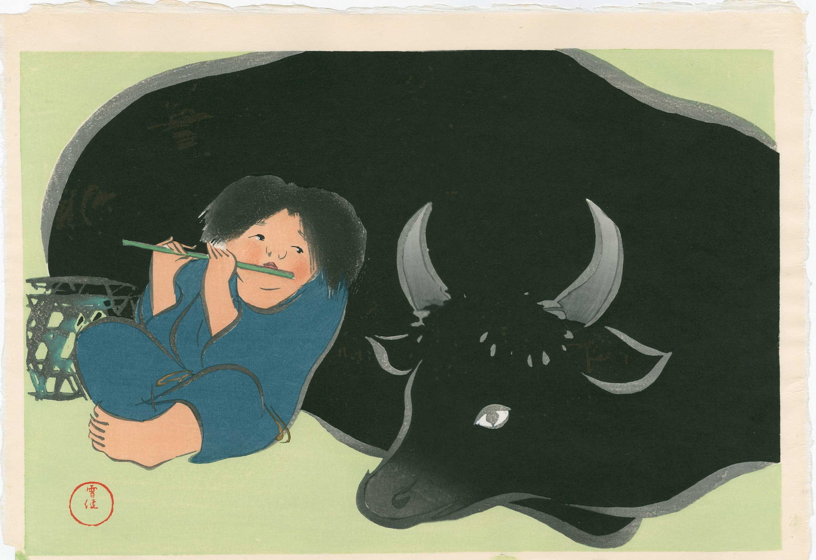Kamasaka Sekka: Boy and Bull Woodblock NR: Japanese Woodblock Print, 1909, later edition published by Unsodo from the original blocks; full title is "The Cattleman (Boy with a Flute and a Bull) from the series "A World of Things". SIZE IN INCH