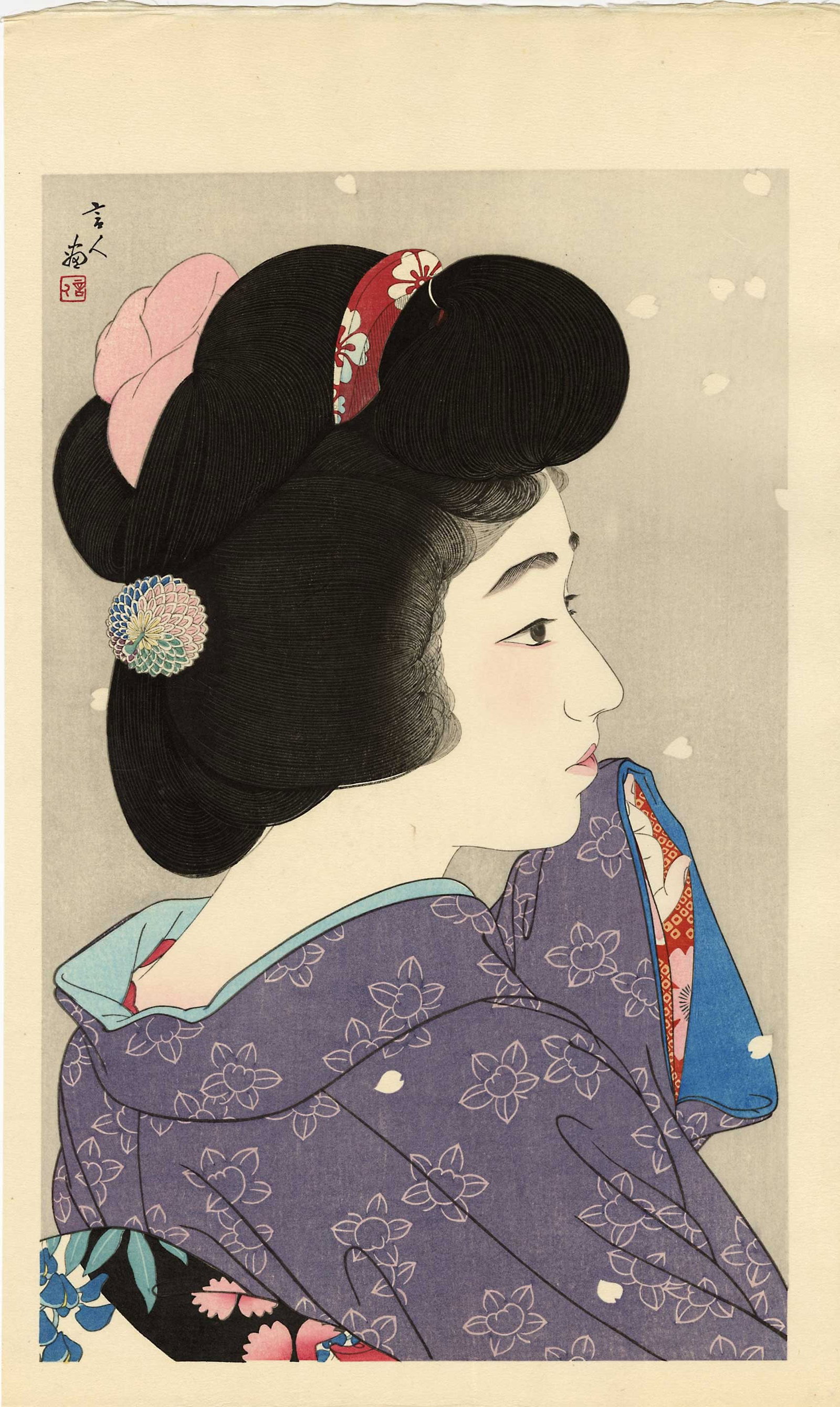Kotondo Torii - Hazy Moon in Spring Woodblock NR: Japanese Woodblock Print, 1931 (later edition c1980), "Twelve Aspects of Women" series. Ishukankokai Publisher (Tokyo). SIZE IN INCHES: 11.5 x 19 COMMENTS: Skillfully executed "bokashi" shading, light