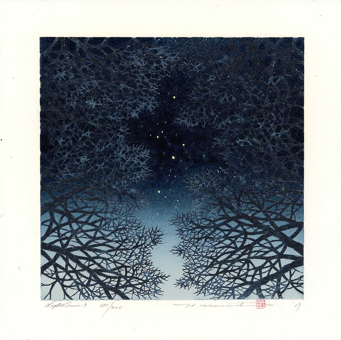 Namiki Hajime: Night Scene 3 2019 1st Ed. Woodblock: Japanese Woodblock Print, 2019, 1st edition, self published, pencil signed, dated, titled and numbered 171/200 SIZE IN INCHES: shikishi, 11.75 x 11.75 inches COMMENTS: Namiki's prints must be seen in