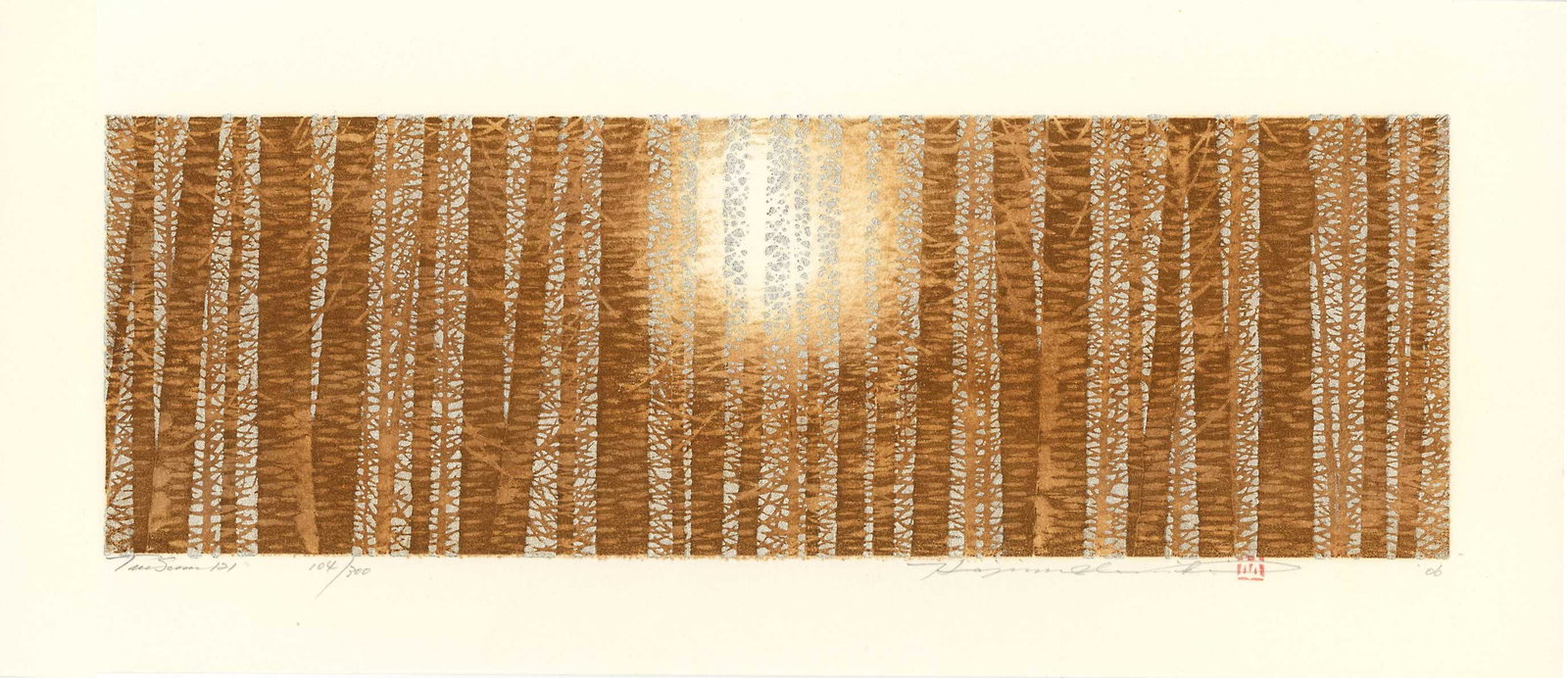Namiki Hajime: Tree Scene 121 2006 1st Ed Woodblock: Japanese Woodblock Print, 2006, 1st Edition, self published by Namiki Hajime, pencil signed, dated, titled, numbered 104/300 and sealed in the bottom margin SIZE IN INCHES: oban, 18.5 x 8 inches COMME
