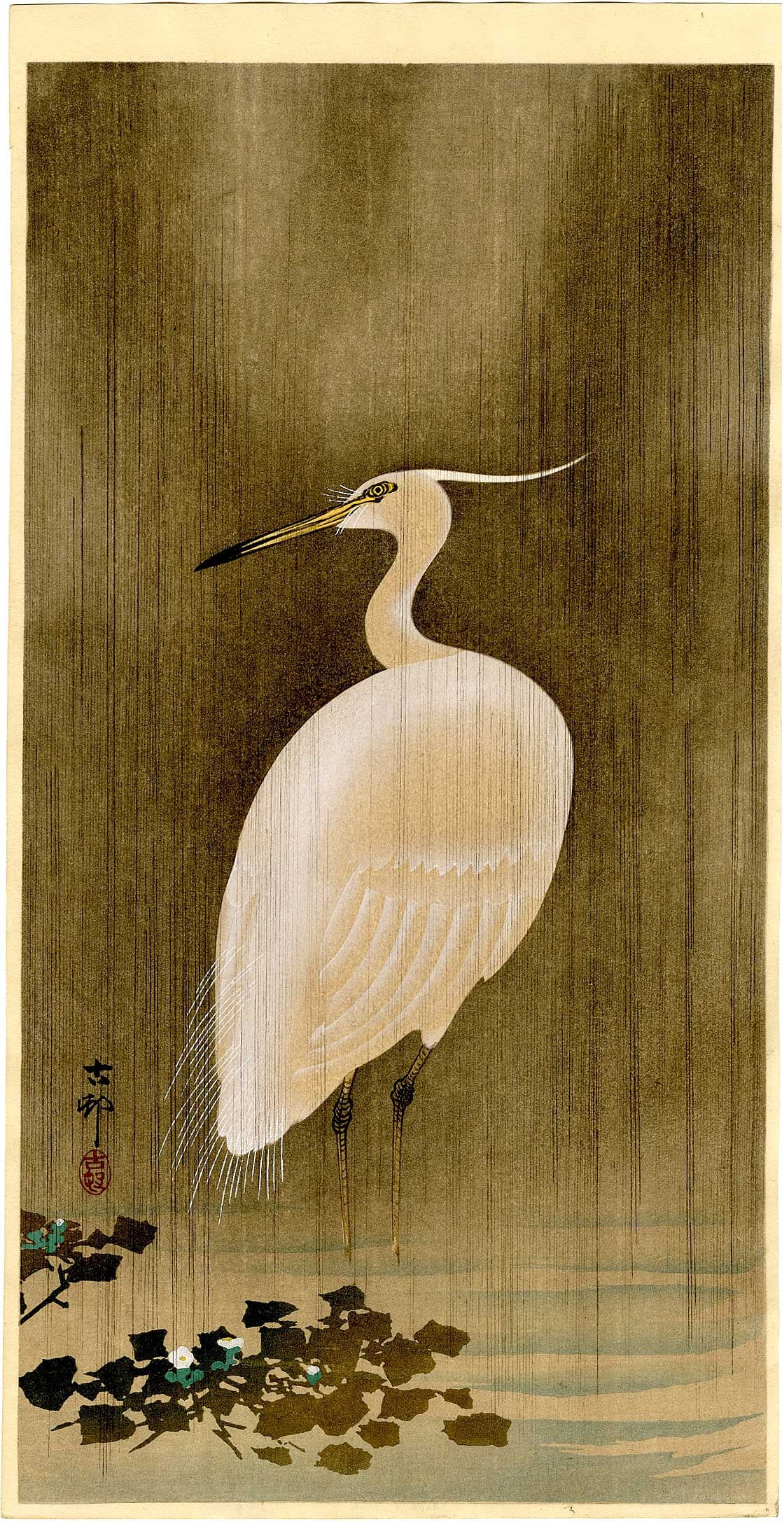 Ohara Koson: Egret in the Rain 1920s Woodblock: Japanese Woodblock Print, 1920s, published by Daikokuya SIZE IN INCHES: ohosoban, 7.5 x 14.5 inches PROVENANCE: From the Robert O. Muller estate OHARA KOSON (1877-1945), who also went by the art names