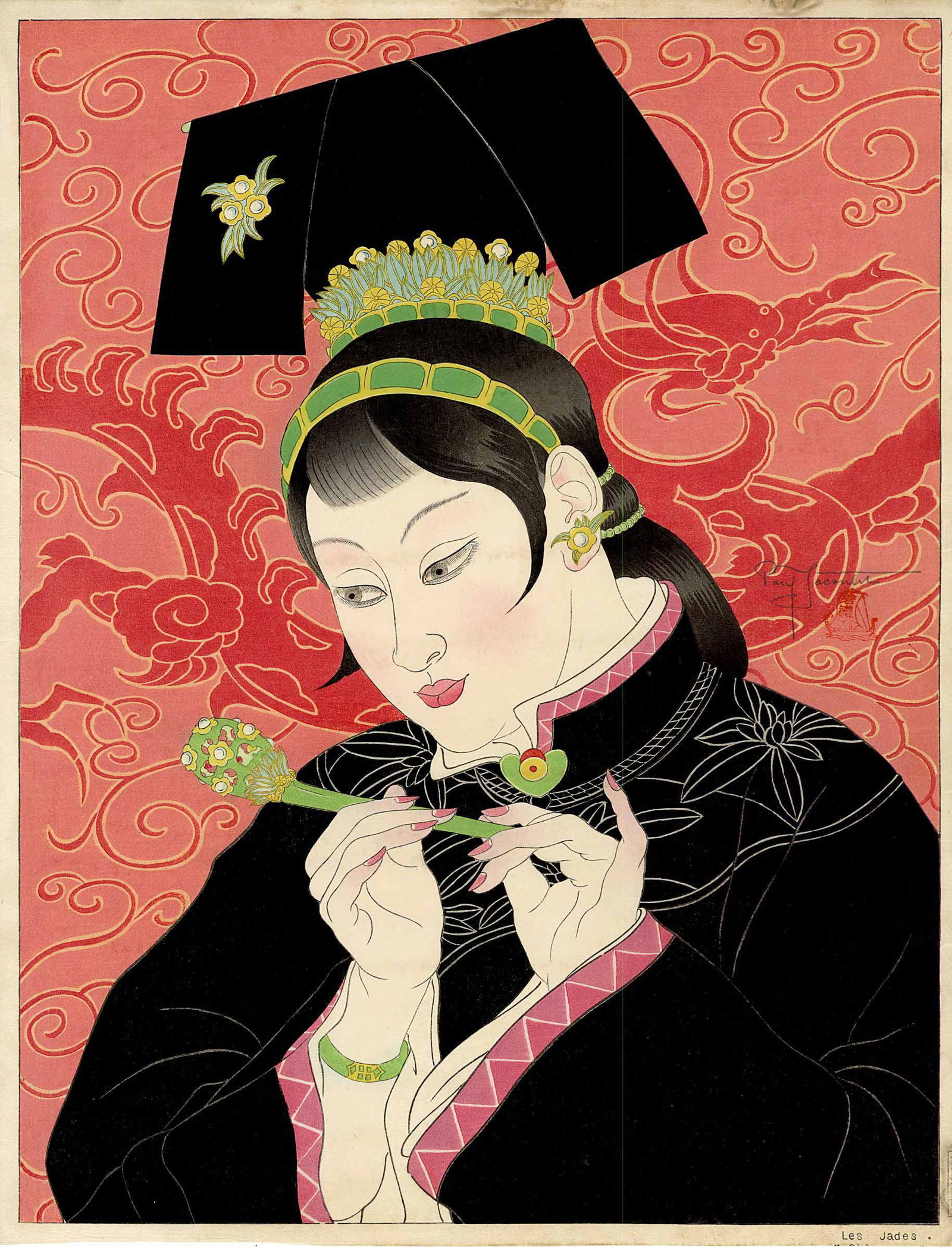 Paul Jacoulet - Les Jades Mandchoukuo 1930s Woodblock NR: Japanese Woodblock Print,1930s, self published by Jacoulet SIZE IN INCHES 12.5 x 16 inches, margins trimmed PAUL JACOULET (1896-1960) grew up in Japan, and from an early age the young Jacoulet display