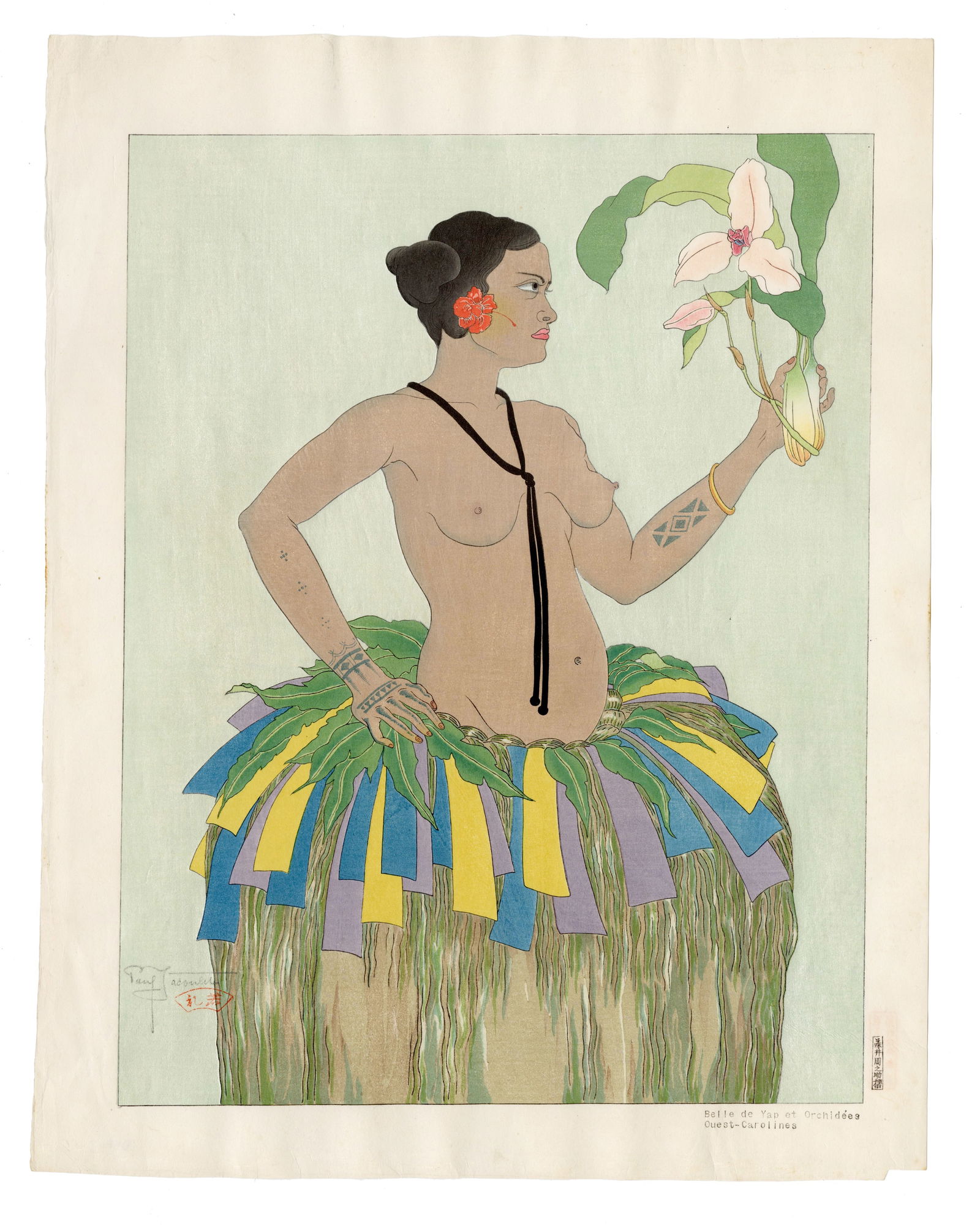 Paul Jacoulet -- Belle de Yap et Orchidees 1934 Woodblock: Japanese Woodblock Print, 1934, pencil signed, Kanji Edition; numbered 104/150 on reverse; Silver mica background SIZE IN INCHES: 18.50 x 14.25 inches inches PAUL JACOULET (1896â€“1960) was a