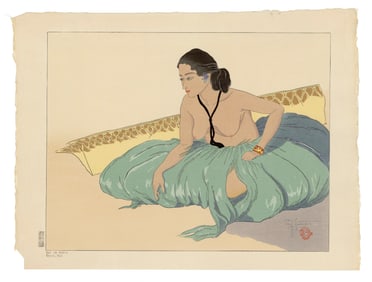 Paul Jacoulet --Sur le Sable Rhull Yap 1937 Woodblock