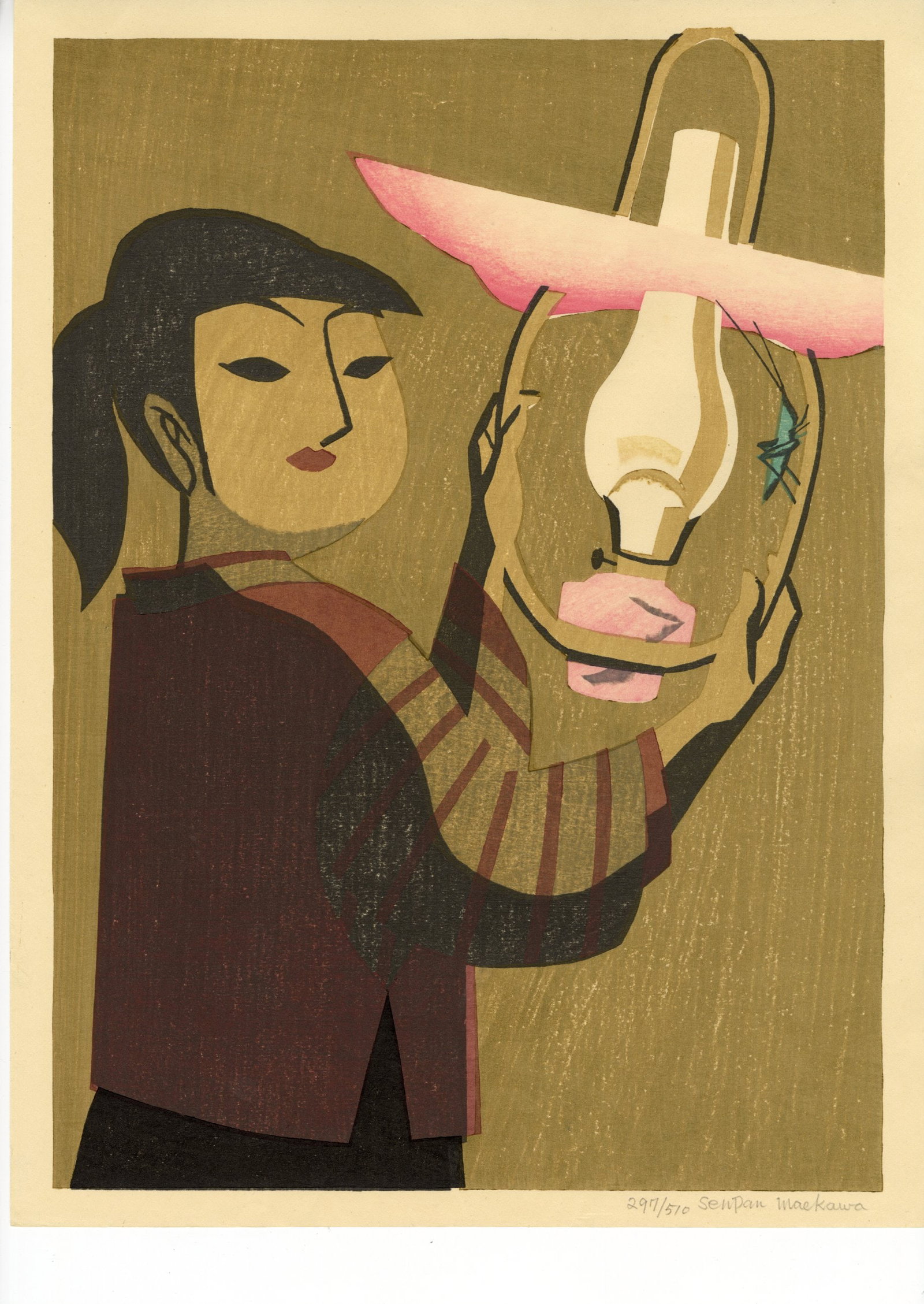 Senpan Maekawa: Lamp 1959 1st Ed Woodblock: Japanese Woodblock Print, 1959, 1st edition, self published, pencil signed, and numbered 294/570 SIZE IN INCHES: oban, 11.75 x 16.25 inches COMMENTS: Included in the book "The Modern Japanese Print, A