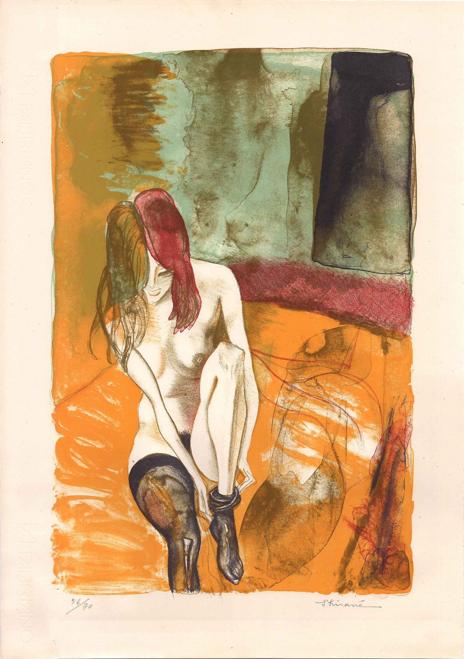 Shirane Mitsuo: Nude Putting on Stockings 1979 Lithograph: Japanese Erotic Lithograph Print, 1979, pencil signed and numbered 56/70 SIZE IN INCHES: 14 x 19.5 inches
