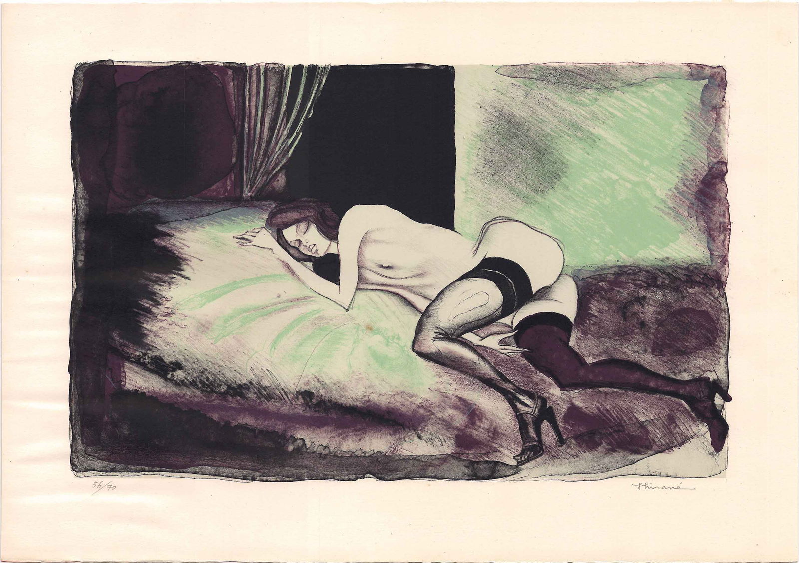 Shirane Mitsuo: Reclining Nude (Blue) 1979 Lithograph: Japanese Erotic Lithograph Print, 1979, pencil signed and numbered 56/70 SIZE IN INCHES: 19.5 x 14 inches