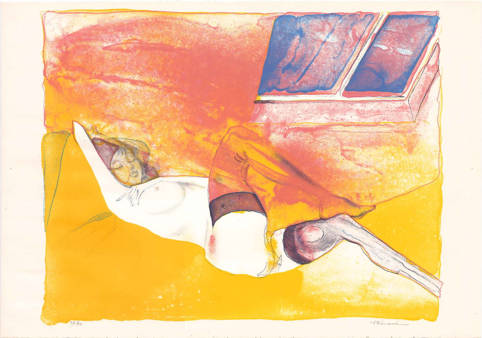 Shirane Mitsuo: Reclining Nude (Yellow) 1979 Lithograph: Japanese Erotic Lithograph Print, 1979, pencil signed and numbered 56/70 SIZE IN INCHES: 19.5 x 14 inches