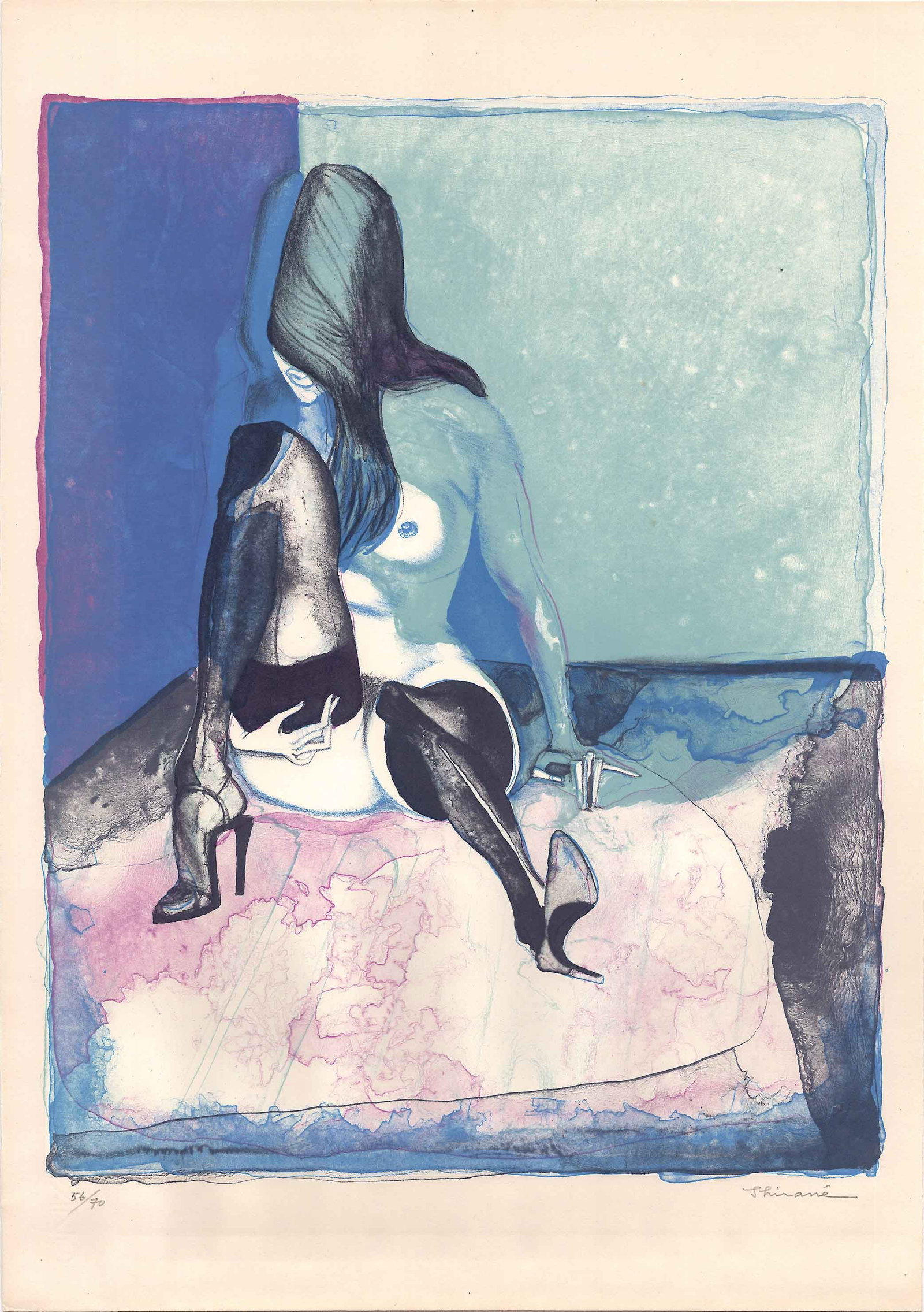 Shirane Mitsuo: Seated Nude (Blue) 1979 Lithograph: Japanese Erotic Lithograph Print, 1979, pencil signed and numbered 56/70 SIZE IN INCHES: 14 x 19.5 inches