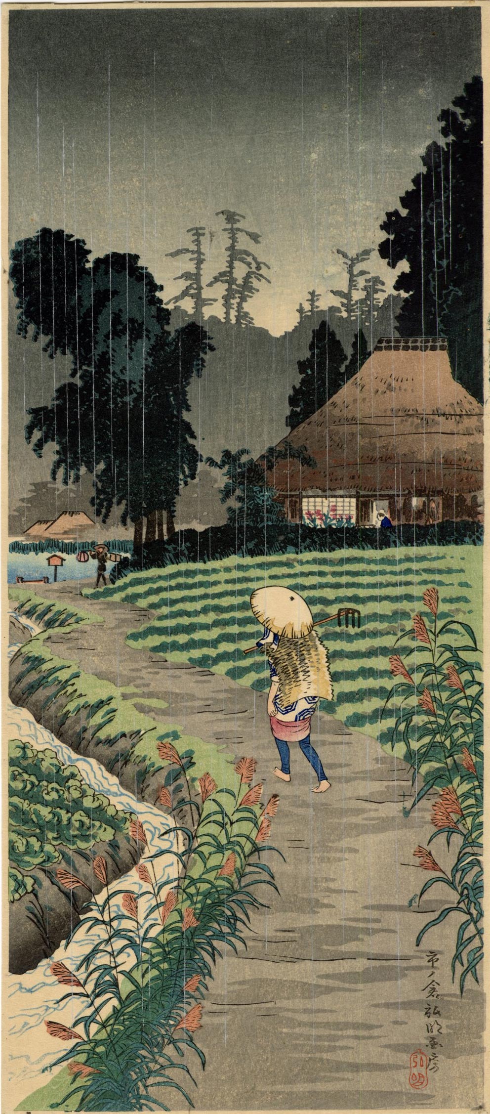 Shotei Takahashi: Hiroaki's Home at Ichinokura 1930s Woodblock NR: Japanese Woodblock Print, pre-1936, published by Shozaburo Watanabe SIZE IN INCHES: 6.5 x 15 inches RARELY SEEN TAKAHASHI SHOTEI (1871-1945) was born in Tokyo with the given name of Takahashi Katsutar