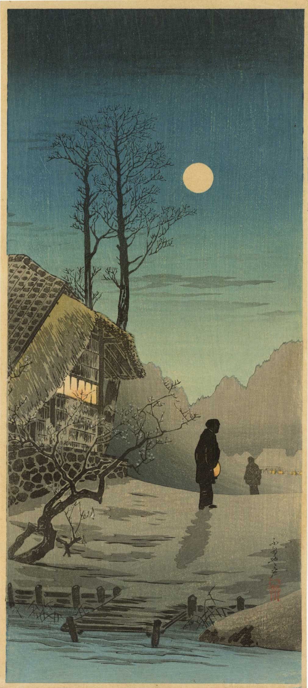 Shotei Takahashi - Moon Old Country House c1930s NR: Japanese Woodblock Print, c1930s original, Watanabe Publisher. SIZE IN INCHES: 6.5 x 14.75 PROVENANCE: The William Schwed Family Estate - Lifetime Private Collection. COMMENTS: Skillfully printed "bok