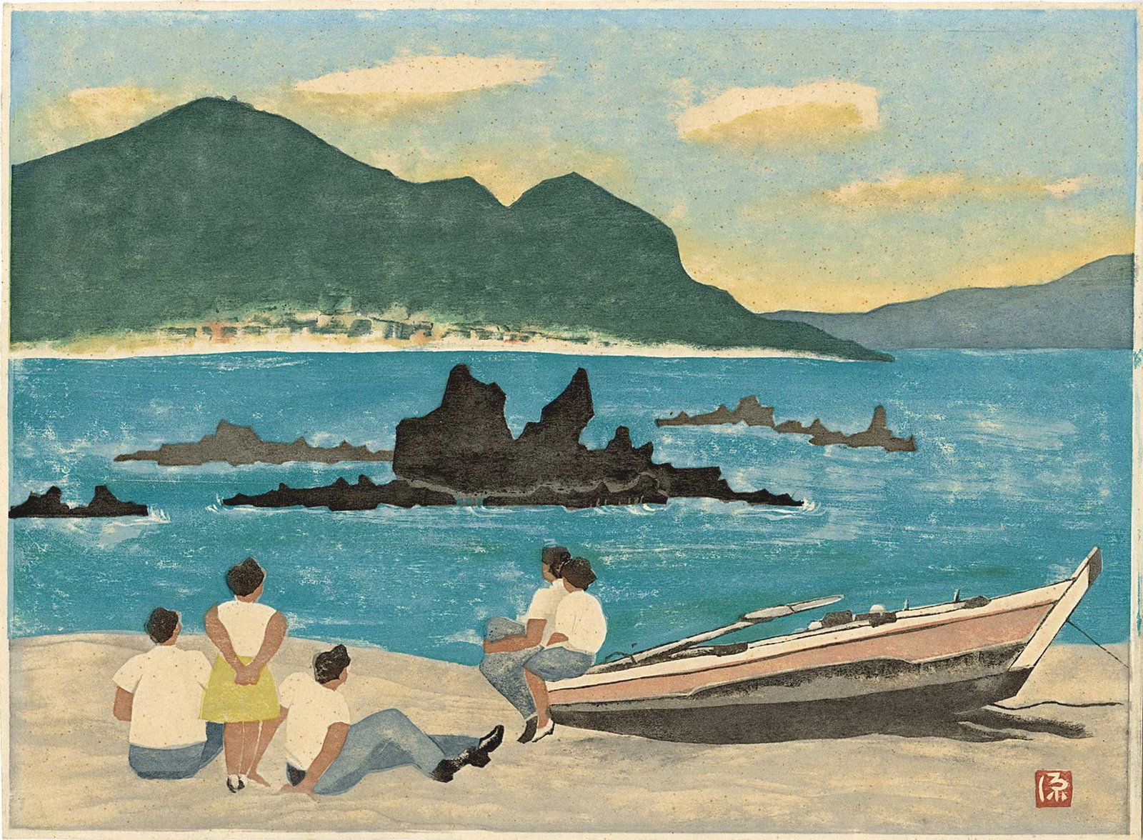 Takeda Gentaro: The Sea 1966 1st Ed Woodblock: Japanese Woodblock Print, 1966, pencil signed, dated and numbered 3/6 on the verso SIZE IN INCHES: aiban, 13.375 x 9.75 inches GENTARO TAKEDA (1900-1984) was born in Kumamoto prefecture in 1900. After