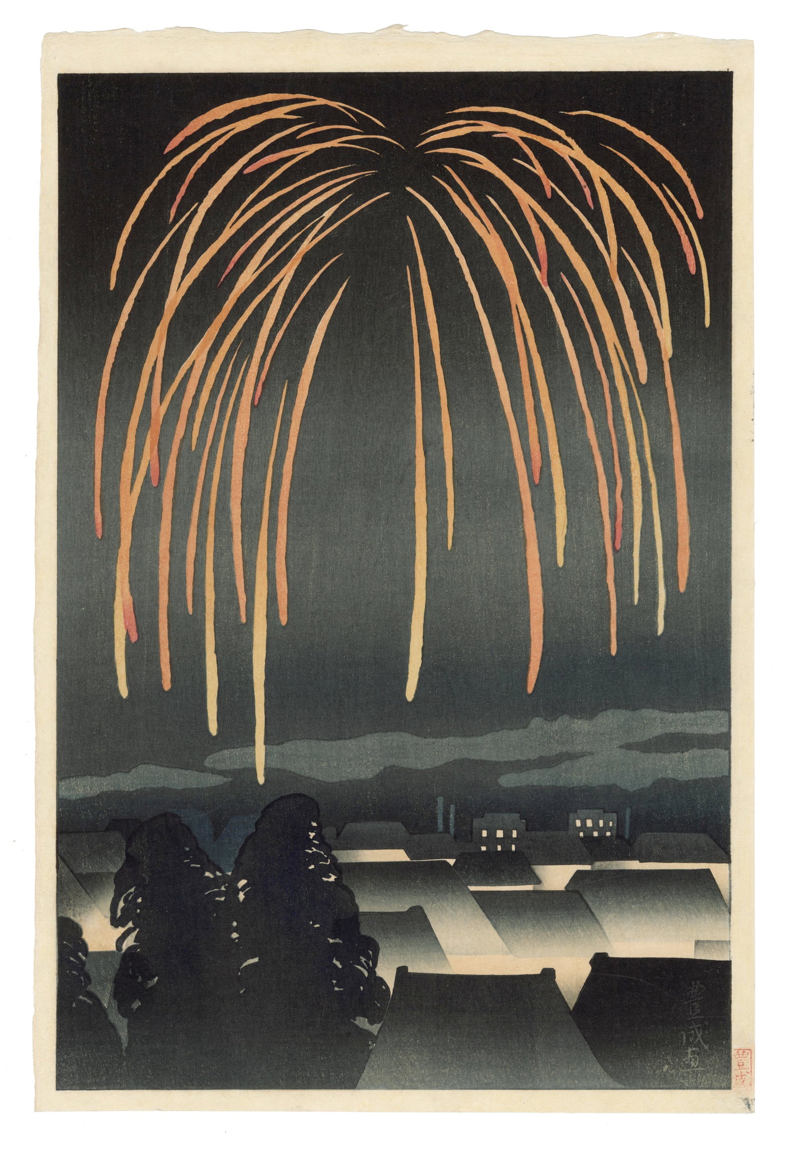 Yamamura Toyonari (Koka) -- Fireworks 1924 Woodblock: Japanese Woodblock Print,1924, 1st/Only Edition SIZE IN INCHES: oban, 15.5 x 10.5 inches YAMAMURA TOYONARI (KOKA)(1885-1942) was born in 1885, in the Shinagawa district of Tokyo, Yamamura Toyonari is 