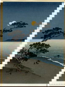 Arai Yoshimune: Suma Beach at Night Woodblock