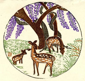 Asahi Masahide: Deer at Nara Woodblock