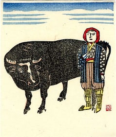 Asahi Masahide: Woman with a Bull Woodblock