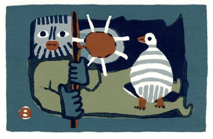 Azechi Umetaro: Relining Man, Sun, Bird 1960s Woodblock NR