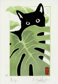 Dominique R.: Yiyi Cat and Monstera Plant Woodblock