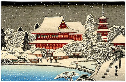 Hiroshige Ando: Temple Complex in Snow Woodblock