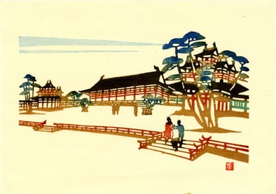 Inagaki Nenjiro: Visiting a Temple Woodblock