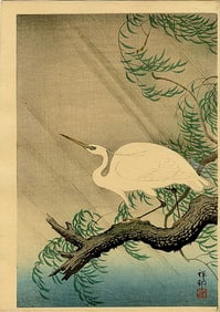 Koson Ohara: egret on Willow 1930s Woodbock