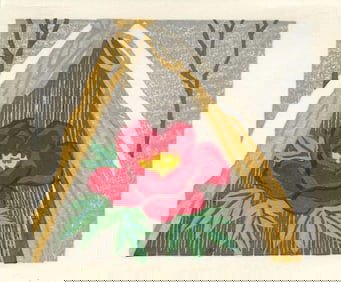 Okubo Yutaka: Red Flower 1940s Woodblock